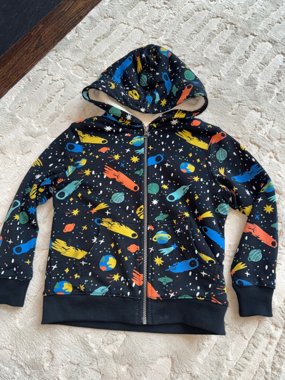 Hanna Andersson Faux Shearling Space 🪐 Black Full Zip Hoodie 6-7 - Picture 3 of 5